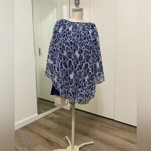 L.Hansen Blue & White Floral  Lace Layer Women Blouse Top Large